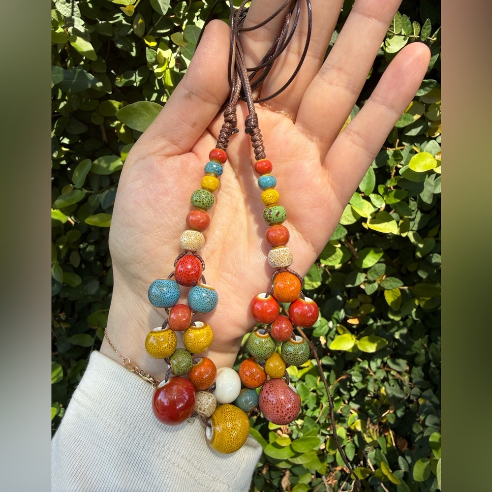 Multicolor Ceramic Bead Necklace - Women's Fashion Jewelry - Picture 6 of 6